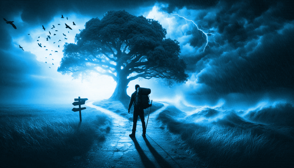 Kipling's "If": Hope for Domestic Abuse Survivors. A lone figure stands at a crossroads, contemplating two divergent paths—one bathed in sunlight, the other shrouded in stormy skies. Symbolizing choice, resilience, and the duality of nature.