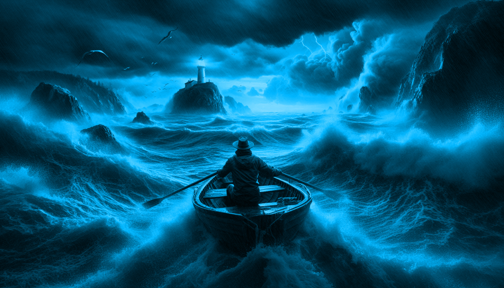 Don't Quit: Poem for Domestic Abuse Survivors Courageous sailor navigating stormy seas in a small boat under a dramatic sky, with seagulls flying and a distant lighthouse as a beacon of hope.
